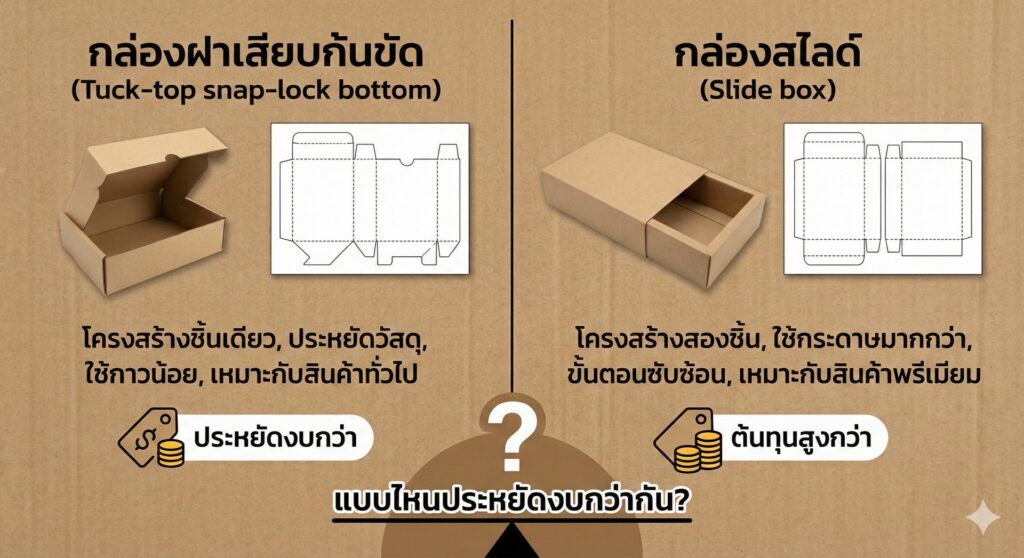 เจาะลึกกล่องบรรจุภัณฑ์: กล่องฝาเสียบก้นขัด vs กล่องสไลด์ แบบไหนประหยัดงบกว่ากัน? (ฉบับรู้ลึกจากโรงพิมพ์)