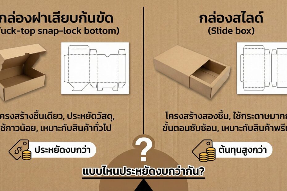 เจาะลึกกล่องบรรจุภัณฑ์: กล่องฝาเสียบก้นขัด vs กล่องสไลด์ แบบไหนประหยัดงบกว่ากัน? (ฉบับรู้ลึกจากโรงพิมพ์)