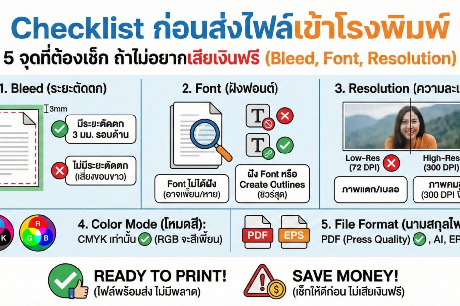Checklist ก่อนส่งไฟล์เข้าโรงพิมพ์: 5 จุดที่ต้องเช็ก ถ้าไม่อยากเสียเงินฟรี (Bleed, Font, Resolution)